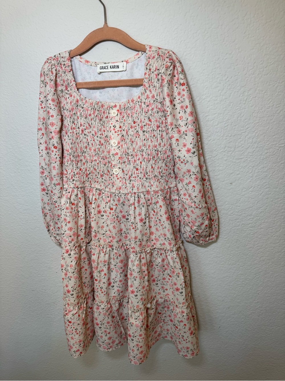 Grace Karin Girls' Cream Floral Smocked Button-Front Dress 6Y